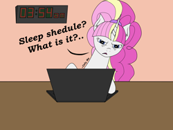 Size: 2000x1500 | Tagged: safe, artist:onlymeequestrian, oc, oc only, oc:brightfull flux, pony, unicorn, clock, computer, dialogue, laptop computer, looking at you, meme, sleep is for the weak, solo, who needs sleep anyway