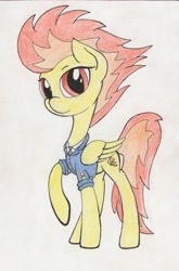 Size: 2039x3095 | Tagged: safe, artist:itchystomach, spitfire, pegasus, pony, g4, clothes, female, folded wings, high res, looking at you, mare, paper, pencil drawing, raised hoof, simple background, solo, standing, three quarter view, traditional art, uniform, white background, wings, wonderbolts, wonderbolts dress uniform