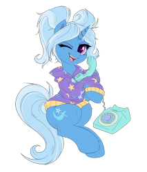 Size: 1400x1641 | Tagged: safe, artist:confetticakez, trixie, pony, unicorn, alternate hairstyle, babysitter trixie, clothes, colored, cute, diatrixes, female, flat colors, gameloft interpretation, hoodie, leg fluff, looking at you, mare, one eye closed, open mouth, phone, pigtails, rotary phone, simple background, sitting, solo, talking, transparent background, twintails, wink