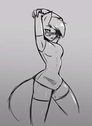 Size: 1476x2025 | Tagged: safe, artist:tea-redrex, oc, oc only, oc:bandaid, earth pony, anthro, arm behind head, clothes, earth pony oc, female, glasses, lineart, monochrome, shorts, solo