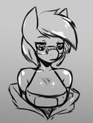 Size: 1190x1585 | Tagged: safe, artist:tea-redrex, oc, oc only, oc:bandaid, earth pony, anthro, bra, bust, clothes, earth pony oc, female, glasses, lineart, monochrome, solo, underwear
