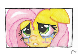 Size: 1840x1311 | Tagged: safe, artist:lennondash, fluttershy, pony, g4, blushing, bust, crying, female, floppy ears, frame, gritted teeth, mare, solo, stray strand, teary eyes, three quarter view, traditional art