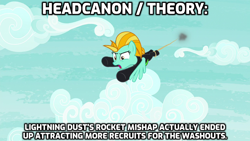 Size: 1280x720 | Tagged: safe, edit, edited screencap, screencap, lightning dust, pegasus, pony, g4, the washouts (episode), blasting off again, headcanon, rivals for life, rocket, the washouts, theory