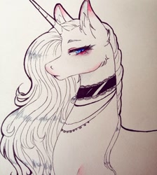 Size: 1080x1207 | Tagged: dead source, safe, artist:mayguay, oc, oc only, pony, unicorn, bust, choker, ear fluff, horn, jewelry, lineart, makeup, necklace, solo, traditional art, unicorn oc