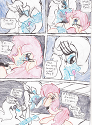 Size: 1572x2140 | Tagged: safe, artist:wyren367, oc, oc:politica segreta, oc:snowbelle, earth pony, pegasus, pony, comic:politica's rebound, angry, chest fluff, comforting, comic, crying, ear fluff, female, head in hooves, mare, necktie, on back, outdoors, prone, road, rubbing head, sad, sidewalk, sitting, speech bubble, teary eyes, yelling