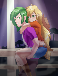 Size: 1550x2048 | Tagged: safe, artist:thebrokencog, applejack, spike, human, g4, carrying, commission, cute, female, humanized, male, night, older, older spike, piggyback ride, ship:applespike, shipping, smiling, straight