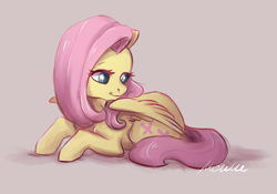 Size: 2833x1978 | Tagged: safe, artist:buttersprinkle, fluttershy, pegasus, pony, colored pupils, cute, female, head turn, looking away, mare, prone, shyabetes, simple background, smiling, solo, spread wings, wings