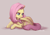 Size: 2833x1978 | Tagged: safe, artist:buttersprinkle, fluttershy, pegasus, pony, g4, colored pupils, cute, female, looking away, mare, prone, shyabetes, simple background, smiling, solo, spread wings, turned head, wings