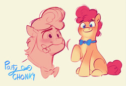 Size: 1603x1087 | Tagged: safe, artist:imalou, oc, oc only, oc:party chonky, earth pony, pony, bowtie, flower, flower in mouth, male, mouth hold, pale belly, simple background, smiling