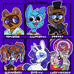 Size: 768x768 | Tagged: safe, artist:zooper_dooper69, rarity, pony, unicorn, anthro, g4, adventure time, animatronic, anthro with ponies, bedroom eyes, blush sticker, blushing, bust, clothes, crossover, female, five nights at freddy's, freddy fazbear, gumball watterson, hat, lady rainicorn, male, mare, rainicorn, scrap baby, six fanarts, smiling, speedpaint available, the amazing world of gumball, top hat