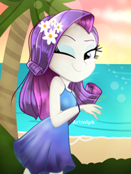 Size: 1536x2048 | Tagged: safe, artist:artmlpk, rarity, equestria girls, g4, adorable face, adorasexy, adorkable, beach, beach dress, beautiful, bush, clothes, cute, digital art, dork, dress, female, flower, flower in hair, grass, looking at you, looking back, looking back at you, ocean, one eye closed, palm tree, raribetes, sexy, sleeveless, smiling, smiling at you, solo, sundress, sunset, tree, water, watermark, wink, winking at you