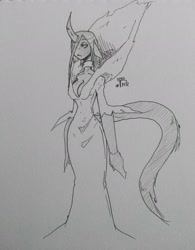 Size: 1600x2048 | Tagged: safe, artist:tea-redrex, oc, oc only, changeling queen, anthro, changeling queen oc, clothes, curved horn, dress, horn, leonine tail, lineart, monochrome, signature, traditional art