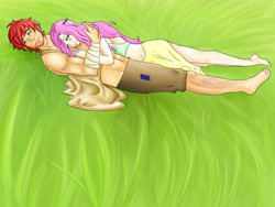 Size: 1600x1200 | Tagged: safe, artist:cristy101411, big macintosh, fluttershy, human, g4, beard, cuddling, facial hair, female, grass, humanized, lying down, male, ship:fluttermac, shipping, straight, straw in mouth, topless