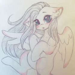 Size: 1080x1080 | Tagged: dead source, safe, artist:mayguay, fluttershy, pegasus, pony, g4, blushing, cute, ear fluff, eyelashes, female, floppy ears, lineart, looking at you, makeup, mare, open mouth, shyabetes, solo, spread wings, traditional art, wings