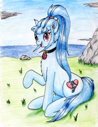 Size: 2440x3152 | Tagged: safe, artist:40kponyguy, derpibooru exclusive, sonata dusk, earth pony, pony, g4, cutie mark, equestria girls ponified, female, grass, high res, looking at you, ponified, ponytail, raised hoof, solo, traditional art