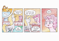 Size: 990x676 | Tagged: safe, artist:lost marbles, derpy hooves, pinkie pie, earth pony, pegasus, pony, comic:derpy - stripper extraordinaire, g4, butt, colored pencil drawing, comic, comic strip, dialogue, duo, female, mare, plot, speech bubble, sugarcube corner, sweat, sweatdrop, traditional art, we don't normally wear clothes
