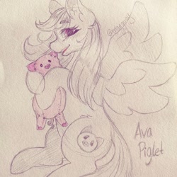 Size: 1080x1080 | Tagged: dead source, safe, artist:mayguay, oc, oc only, pegasus, pig, pony, duo, hug, pegasus oc, smiling, text, traditional art, wings