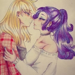 Size: 1080x1080 | Tagged: dead source, safe, artist:mayguay, applejack, rarity, human, g4, bedroom eyes, bust, choker, clothes, female, freckles, humanized, lesbian, looking at each other, makeup, nail polish, ship:rarijack, shipping, traditional art