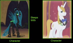 Size: 1280x764 | Tagged: safe, artist:themexicanpunisher, edit, edited screencap, screencap, prince blueblood, queen chrysalis, changeling, changeling queen, pony, unicorn, g4, black background, bluesalis, female, implied sleep, interspecies, male, meme, shipping, simple background, stallion, straight, text, what if