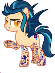 Size: 5000x6599 | Tagged: safe, artist:n0kkun, indigo zap, bat pony, pony, g4, bat ponified, commission, ear piercing, earring, equestria girls ponified, eyebrow piercing, fangs, female, grin, jewelry, mare, piercing, ponified, race swap, raised hoof, simple background, smiling, solo, tattoo, transparent background