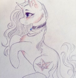 Size: 1080x1106 | Tagged: dead source, safe, artist:mayguay, oc, oc only, pony, unicorn, chest fluff, choker, ear fluff, female, horn, jewelry, leonine tail, mare, necklace, rearing, solo, traditional art, unicorn oc