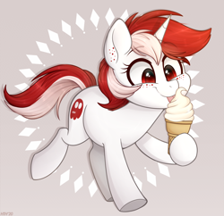 Size: 1100x1066 | Tagged: safe, artist:higglytownhero, oc, oc only, oc:ruby, oc:ruby heartstrings (rhstrings), pony, unicorn, abstract background, commission, female, filly, foal, food, freckles, ice cream, ice cream cone, licking, mare, smiling, solo, tongue out