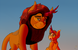 Size: 1918x1231 | Tagged: safe, artist:midnightfire1222, big cat, kirin, lion, disney, duo, duo male, father and child, father and son, male, mufasa, screenshot redraw, simba, simple background, species swap, the lion king
