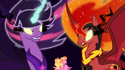 Size: 4000x2250 | Tagged: safe, artist:orin331, edit, luster dawn, sunset shimmer, twilight sparkle, alicorn, pony, a royal problem, equestria girls, g4, alicornified, blank eyes, corrupted, dark magic, equestria girls ponified, glowing eyes, magic, midnight sparkle, midnightsatan, ponified, princess midnight, race swap, sunset satan