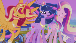 Size: 4000x2250 | Tagged: safe, artist:orin331, edit, princess cadance, sunset shimmer, twilight sparkle, alicorn, pony, g4, the last problem, twilight's kingdom, alicornified, alternate universe, cutie mark, eyes closed, female, mare, older, older princess cadance, older sunset, older twilight, older twilight sparkle (alicorn), princess twilight 2.0, race swap, shimmercorn, trio, twilight sparkle (alicorn), ultimate cadance, ultimate twilight, you'll play your part