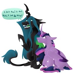 Size: 889x889 | Tagged: safe, artist:citruspone, artist:rockin_candies, color edit, edit, queen chrysalis, twilight sparkle, alicorn, changeling, changeling queen, pony, g4, colored, curved horn, duo, fangs, female, horn, leonine tail, open mouth, raised hoof, simple background, sitting, speech bubble, transparent background, twilight sparkle (alicorn), wings