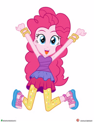 Size: 3090x4000 | Tagged: safe, artist:dieart77, pinkie pie, equestria girls, g4, bare shoulders, commission, cute, diapinkes, feet, female, jumping, open mouth, simple background, sleeveless, solo, strapless, white background