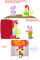 Size: 2048x3021 | Tagged: safe, artist:matchstickman, apple bloom, diamond tiara, earth pony, anthro, plantigrade anthro, matchstickman's apple brawn series, tumblr:where the apple blossoms, g4, abs, apple brawn, biceps, boots, boxing gloves, boxing ring, breasts, busty apple bloom, busty diamond tiara, chibi, clothes, comic, deltoids, dialogue, drink, duo, female, flexing, high res, mare, midriff, muscles, older, older apple bloom, older diamond tiara, pecs, poster, punching bag, shirt, shoes, shorts, simple background, speech bubble, sports bra, sweat, table, tumblr comic, white background