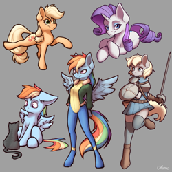 Size: 4000x4000 | Tagged: safe, artist:ohemo, applejack, rainbow dash, rarity, oc, cat, earth pony, pegasus, pony, unicorn, anthro, unguligrade anthro, g4, absurd resolution, anthro with ponies, armor, bomber jacket, buckler, clothes, extended trot pose, female, gray background, hatless, jacket, looking at you, mare, missing accessory, simple background, sword, uniform, weapon, wonderbolts uniform