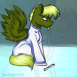 Size: 3000x3000 | Tagged: safe, artist:darklight1315, oc, oc only, oc:oxidase acid, pegasus, pony, coveralls, glasses, green pony, high res, scientist, solo, zoom layer