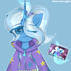 Size: 1080x1080 | Tagged: safe, artist:memengla, gameloft, trixie, pony, unicorn, g4, alternate hairstyle, babysitter trixie, clothes, female, gameloft interpretation, glowing horn, hoodie, horn, magic, pigtails, solo, telekinesis, wrong eye color