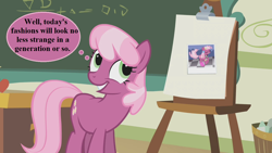 Size: 1280x720 | Tagged: safe, edit, edited screencap, editor:korora, screencap, cheerilee, earth pony, pony, call of the cutie, g4, 80s, 80s cheerilee, chalkboard, cheeribetes, cute, easel, photo, ponyville schoolhouse, thought bubble
