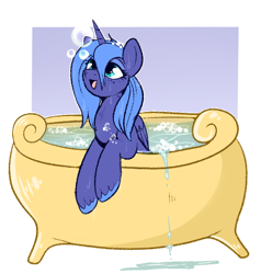 Size: 598x629 | Tagged: safe, artist:lulubell, princess luna, alicorn, pony, bath, bathtub, blue mane, bubble, bubble bath, claw foot bathtub, cute, eyelashes, featured image, female, folded wings, happy, horn, lunabetes, mare, open mouth, open smile, s1 luna, simple background, smiling, solo, teal eyes, unshorn fetlocks, water, wet mane, wings