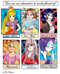Size: 720x882 | Tagged: safe, artist:felinasharts, rarity, human, equestria girls, g4, clothes, crossover, eyes closed, female, glowing hands, makeup, marinette dupain-cheng, miraculous ladybug, music festival outfit, rapunzel, six fanarts, smiling, stella (winx club), winx club