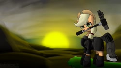 Size: 1280x720 | Tagged: safe, artist:darbedarmoc, part of a set, applejack, pony, fallout equestria, g4, armor, female, hammer, mountain, part of a series, solo, steel ranger, sunrise, wasteland
