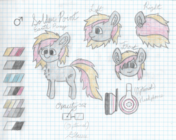 Size: 2100x1672 | Tagged: safe, artist:solder point, oc, oc only, oc:solder point, earth pony, pony, chest fluff, colored, cute, ear fluff, fluffy, glasses, graph paper, happy, headphones, leg fluff, male, reference sheet, signature, smiling, solo, stallion, traditional art