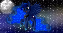 Size: 4096x2160 | Tagged: safe, artist:darbedarmoc, princess luna, alicorn, pony, g4, fangs, female, moon, royalty, solo, space