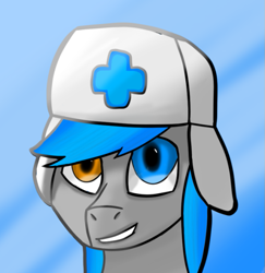 Size: 659x677 | Tagged: safe, artist:mint5torm, oc, oc only, oc:dutchiie, pegasus, pony, blue background, blue hair, bust, gray fur, hat, heterochromia, male, simple background, solo, stallion, ushanka