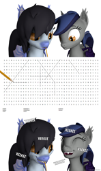 Size: 1280x2160 | Tagged: safe, artist:batponyecho, oc, oc only, oc:echo, oc:mitzy, bat pony, pony, 3d, bat pony oc, bat wings, comic, cutie mark, duo, eyes closed, fangs, female, joke, laughing, looking down, mare, mouth drawing, mouth hold, onomatopoeia, smiling, sound effects, source filmmaker, tail, text, wings, word search