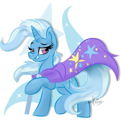 Size: 930x930 | Tagged: safe, artist:jen-neigh, trixie, pony, unicorn, g4, cape, clothes, cutie mark background, female, flowing mane, lidded eyes, mare, raised leg, smiling, solo, trixie's cape