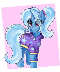 Size: 2000x2400 | Tagged: safe, artist:sadtrooper, trixie, pony, unicorn, g4, alternate hairstyle, babysitter trixie, clothes, ear fluff, eye clipping through hair, female, high res, hoodie, mare, simple background, solo