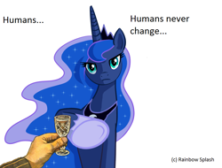 Size: 1058x805 | Tagged: safe, artist:rainbow splash, princess luna, alicorn, human, g4, alcohol, poster parody, simple background, soviet, soviet poster, soviet propaganda, vodka, white background