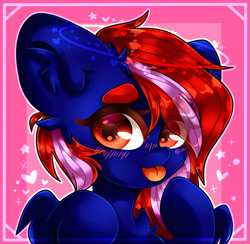 Size: 2050x2000 | Tagged: safe, artist:etoz, oc, oc only, oc:shella swift, pegasus, pony, abstract background, blushing, commission, cute, eyebrows, eyebrows down, female, heart, high res, mare, pegasus oc, stars, tongue out, wings, ych result