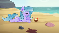 Size: 3840x2160 | Tagged: safe, artist:darbypop1, oc, oc only, oc:crystal cool, pegasus, pony, beach, coconut, female, food, high res, mare, prone, solo