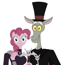 Size: 1664x1736 | Tagged: safe, discord, pinkie pie, vampire, anthro, plantigrade anthro, g4, cape, clothes, crossover, daria cohen, female, fishnet stockings, hat, looking at you, male, missi and the duke, ship:discopie, shipping, straight, the night, top hat