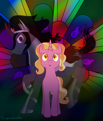 Size: 1100x1300 | Tagged: safe, artist:enigmadoodles, king sombra, luster dawn, pony, unicorn, g4, female, male, mare, stained glass, stallion
